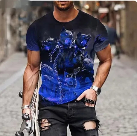Men's grey T-shirt with a detailed 3D lion face print on the front.