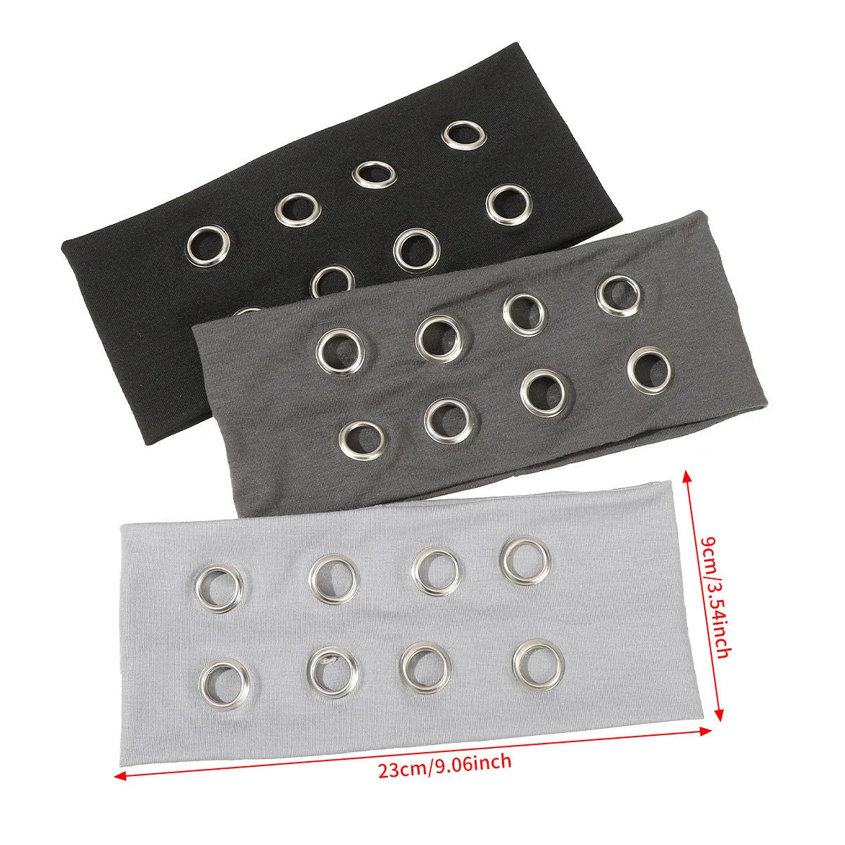 Hollow metal punk hair band with circle decoration in seven colour options on a white background.
