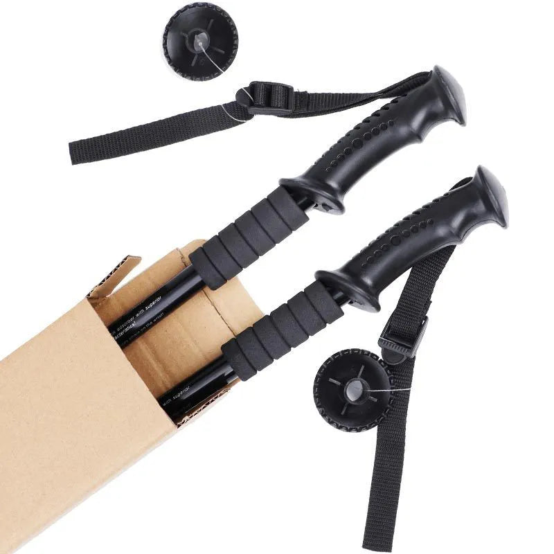 Adjustable aluminium alloy trekking poles with three straight handles and complete accessory set including foot covers and snow holders