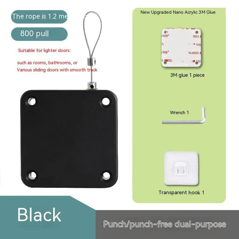 Automatic door closer with adhesive installation for sliding and glass doors in black or white