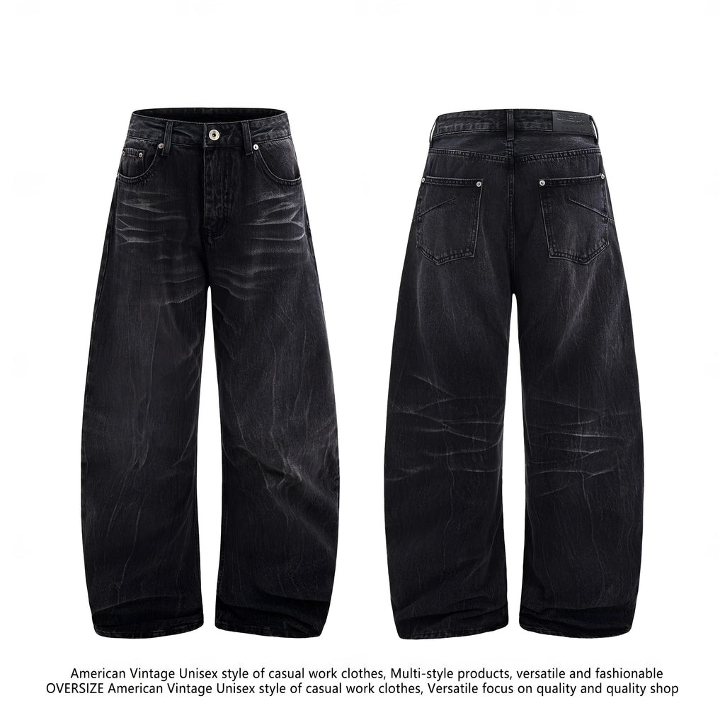 Black men's straight-leg jeans with American washed lightning crack texture