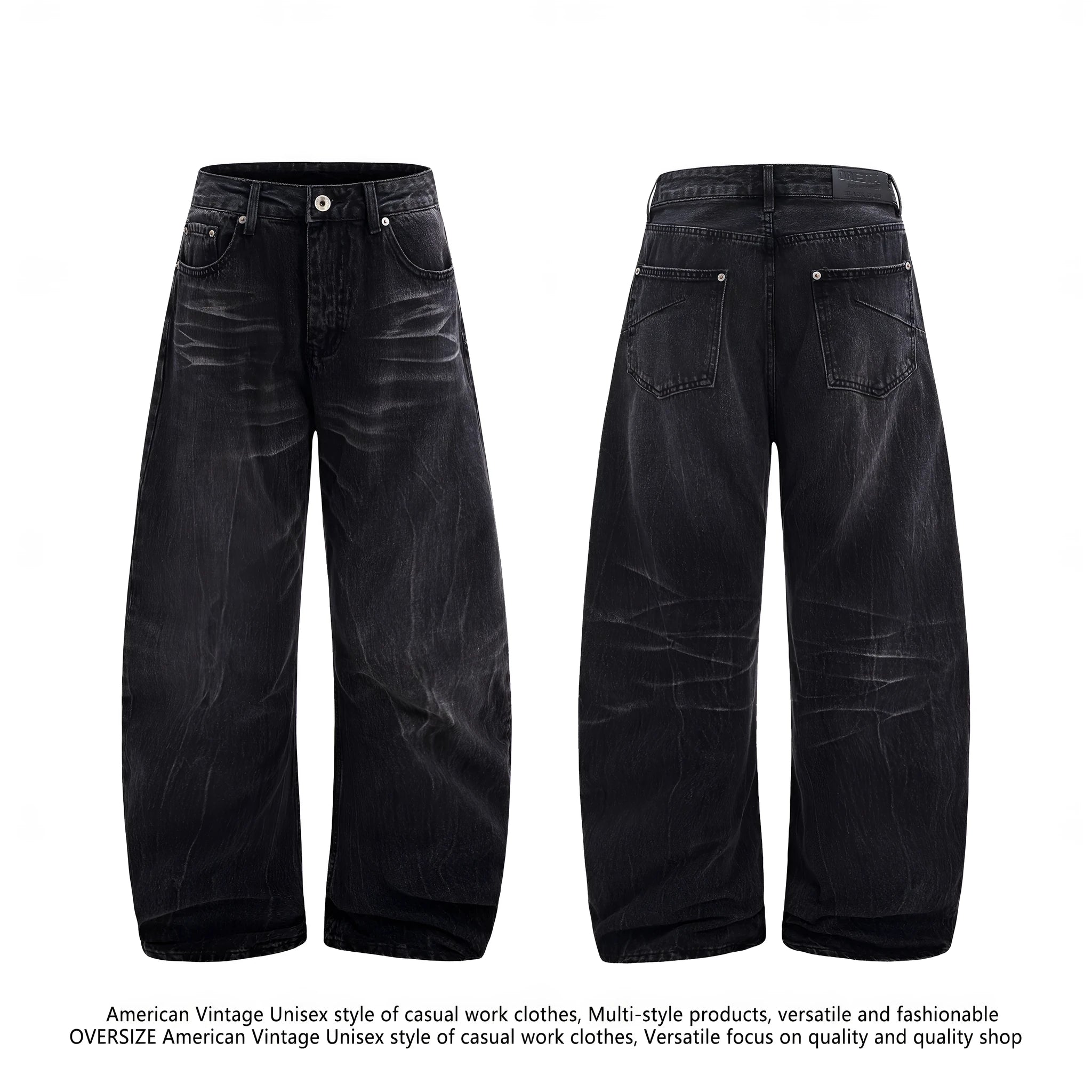 Black men's straight-leg jeans with American washed lightning crack texture