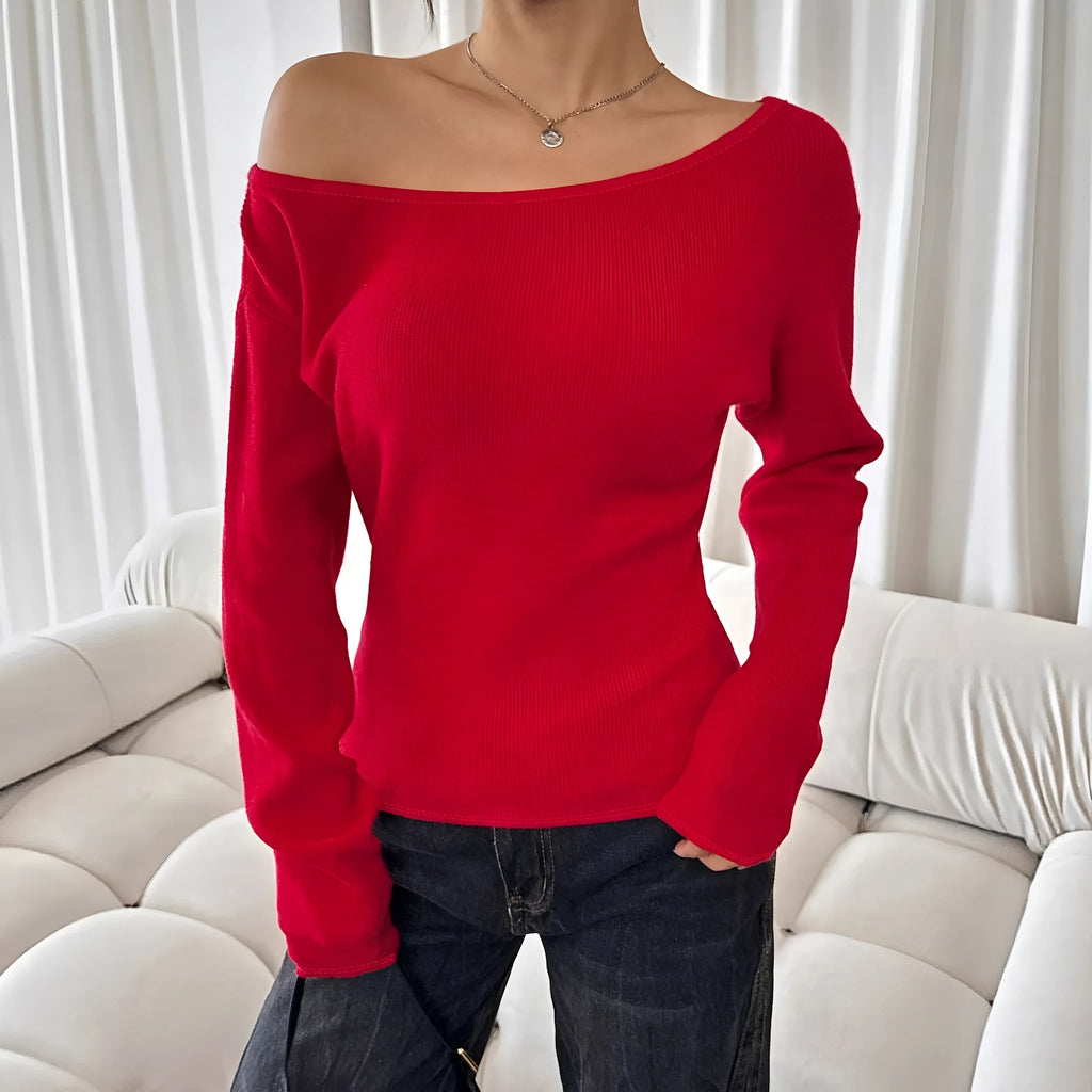 Women's long-sleeved knitted round-neck waist-cinching base sweater in solid colour polyester cotton