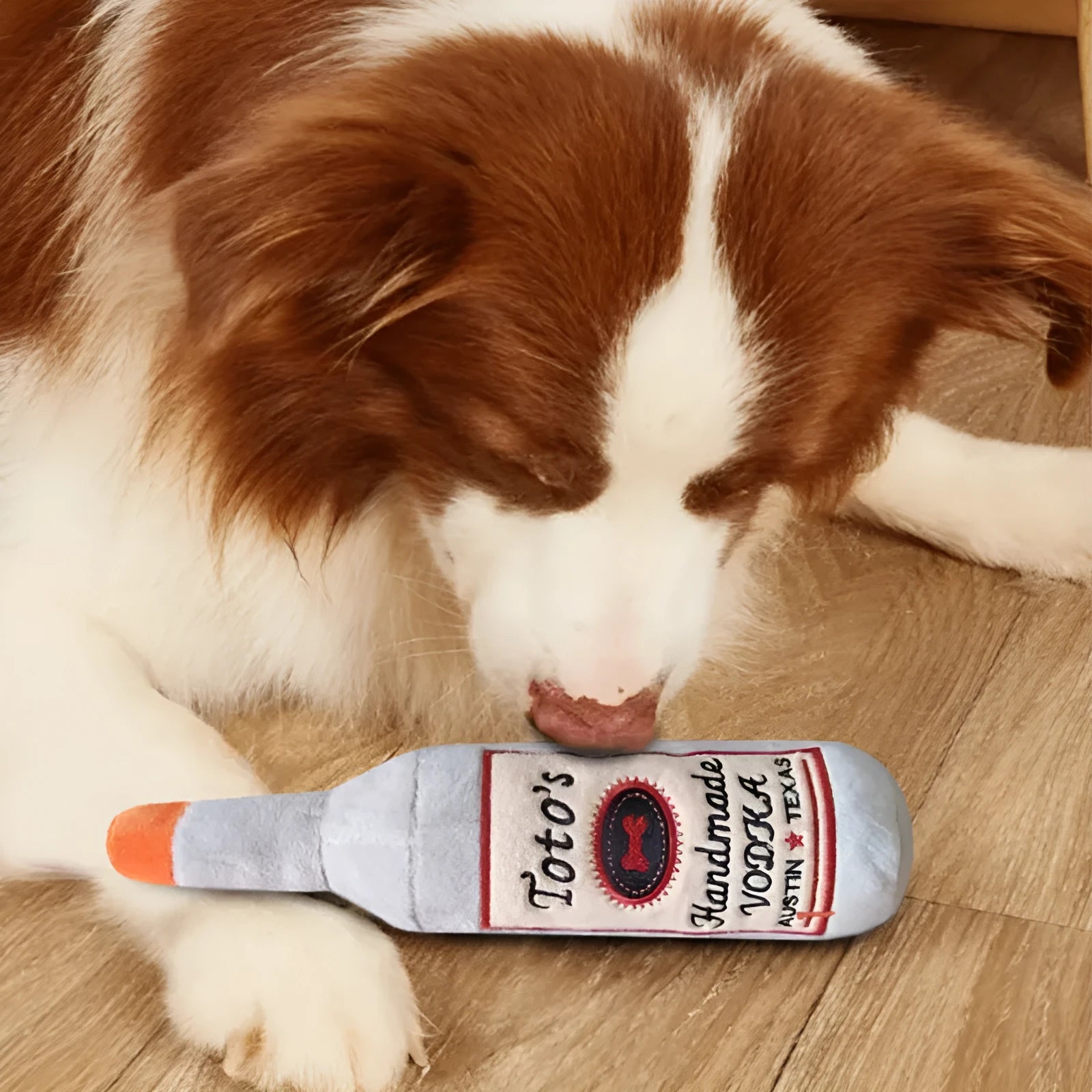 Brown plush wine bottle shaped dog chew toy for dental cleaning and interactive play