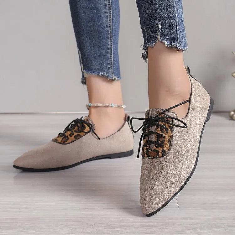 Beige leopard print pointed toe pumps for women in plus sizes with faux PU upper and rubber sole