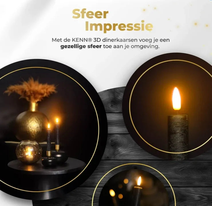 Black LED taper candle with realistic 3D flame effect, 18cm tall.