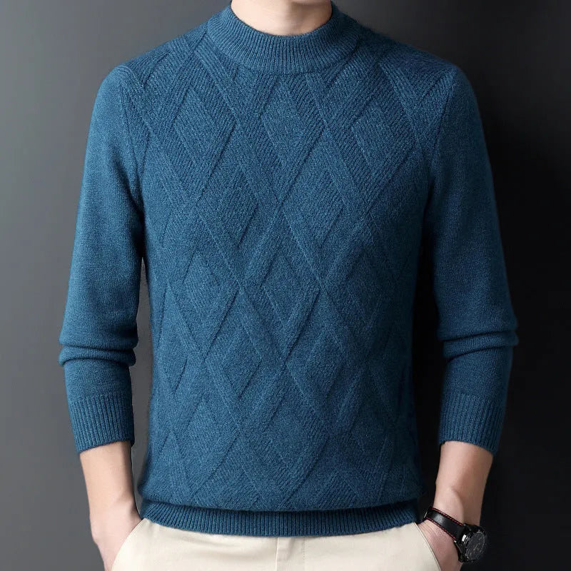 Men's diamond jacquard thermal sweater in wool blend fabric showing thick knit texture