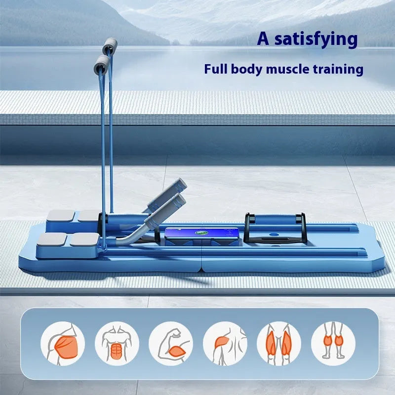 Blue ABS plastic fitness board with abdominal wheel for home core exercises