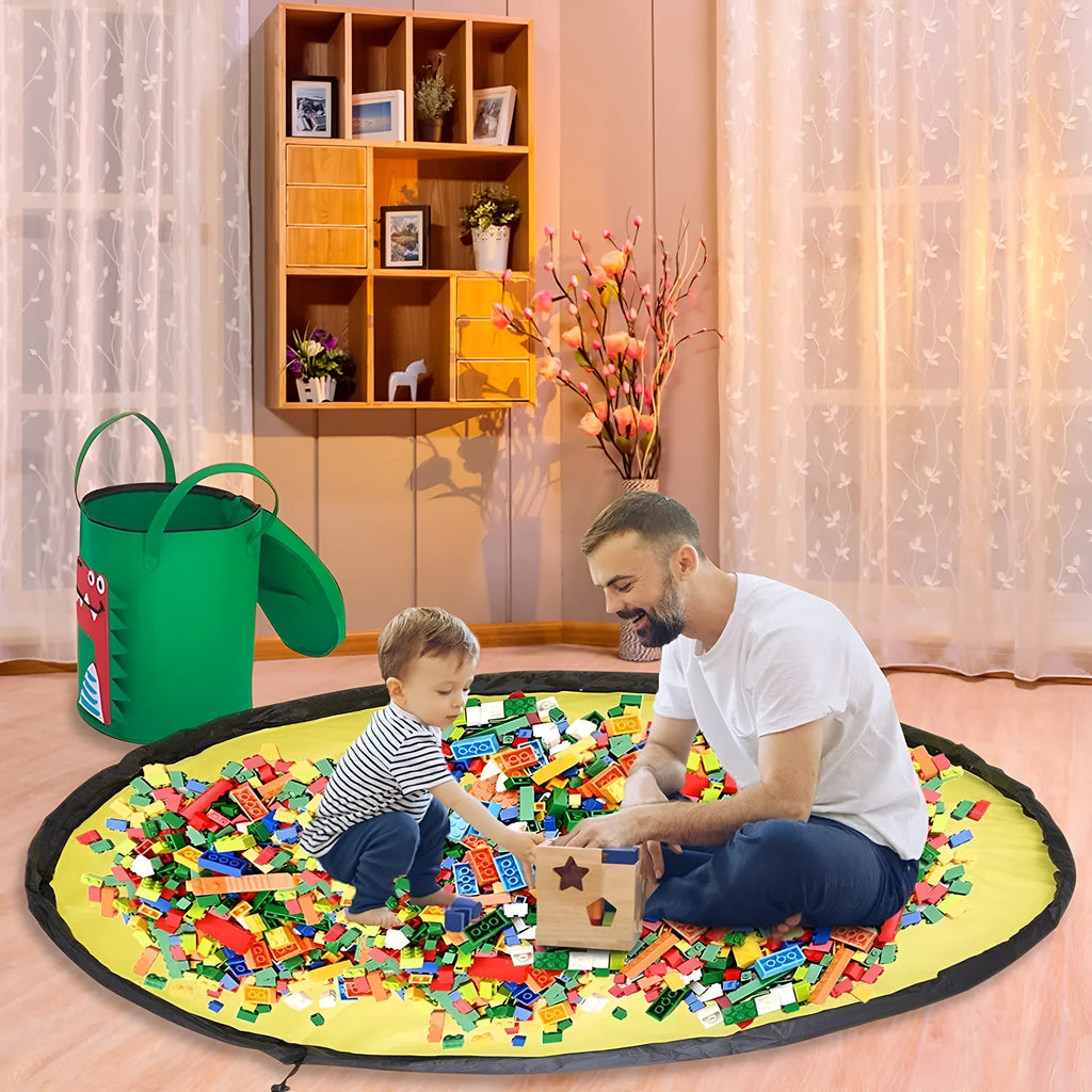 Green felt cube storage bag with pull rope, shown open as a play mat and closed as a toy container.