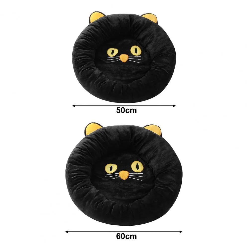 Black cat shaped velvet pet nest bed with raised edges for feline head and neck support