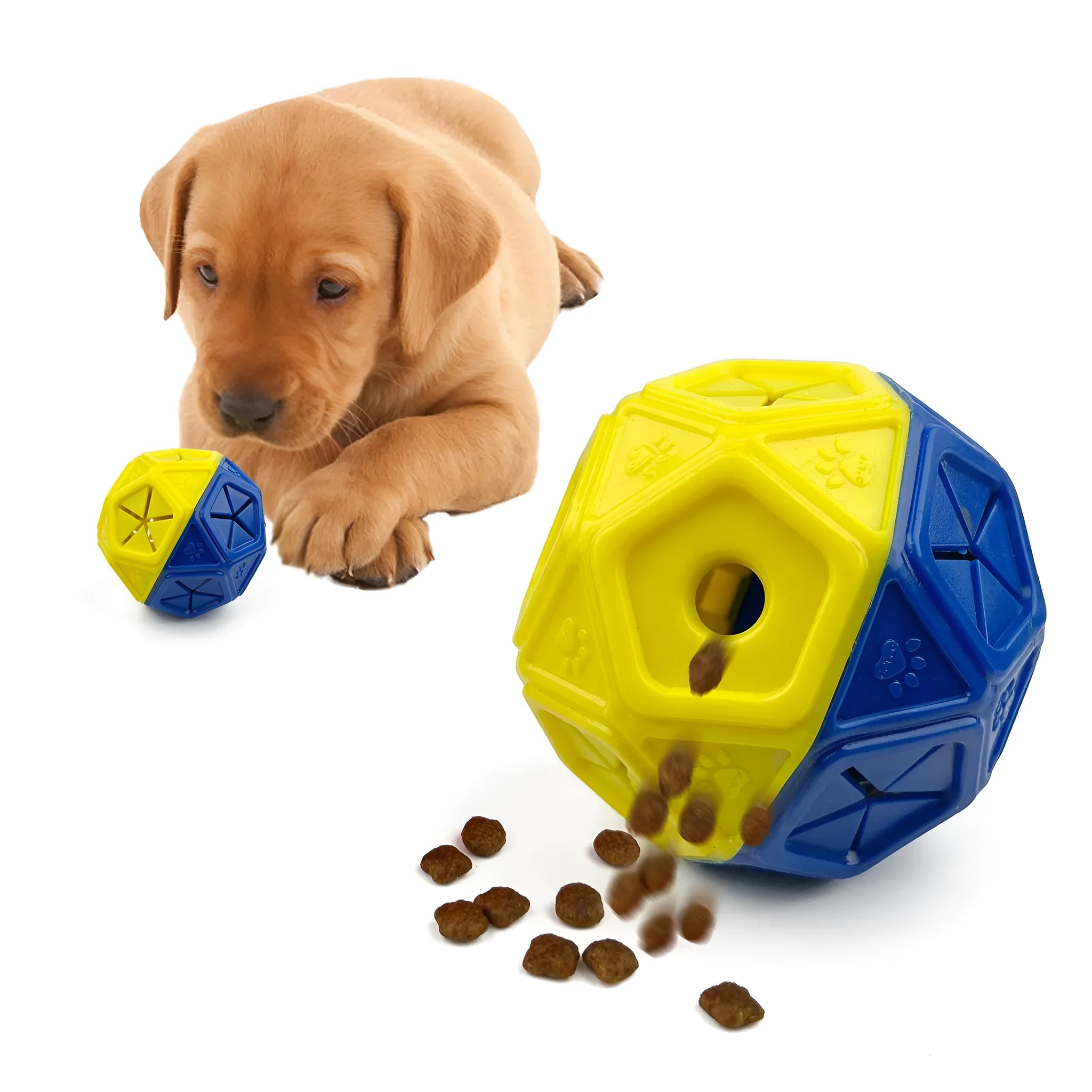 Blue or red hollow plastic dog puzzle toy for treat dispensing.