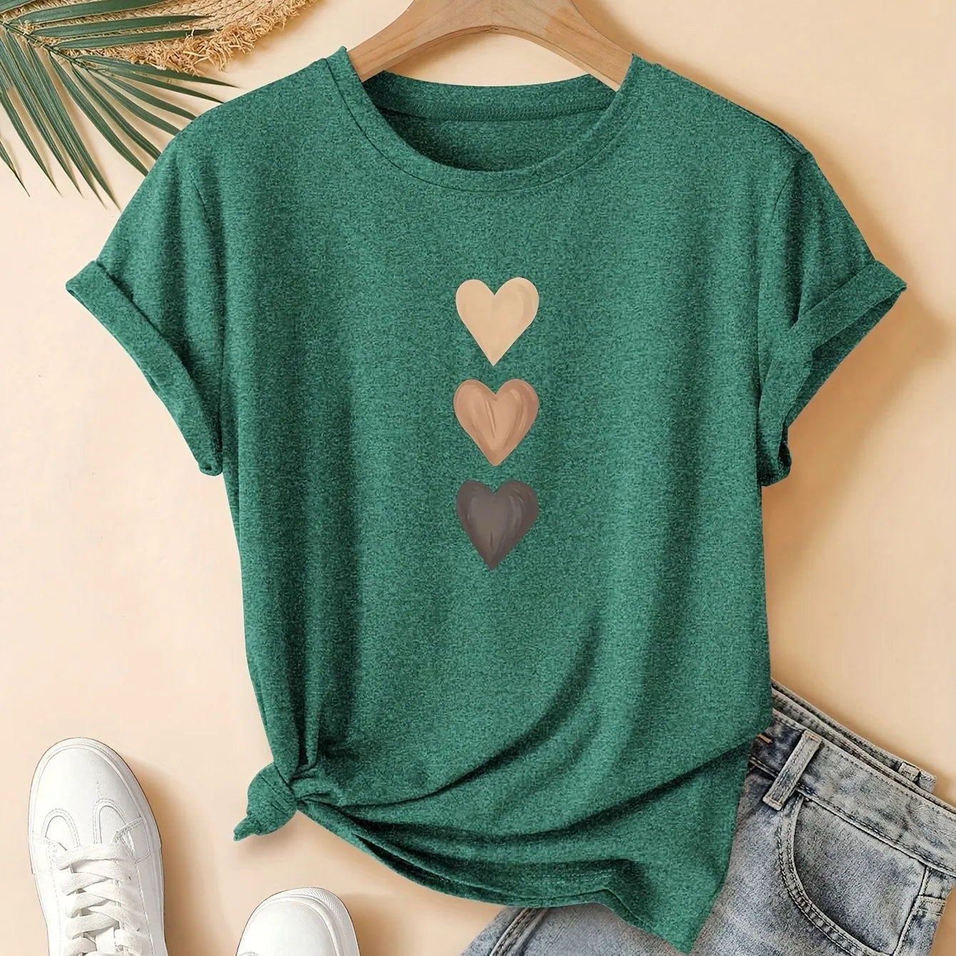 Women's pure cotton t-shirt with three heart print in Chinese retro style, short sleeves, round neck