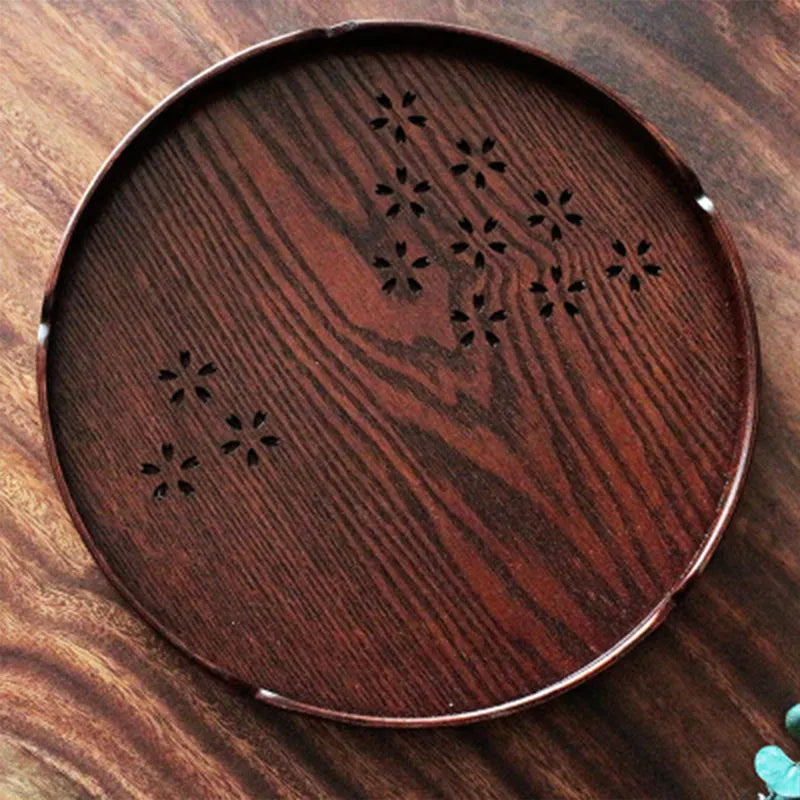 Japanese wooden sakura shallow dessert plate with hollow cherry blossom design, 30cm diameter