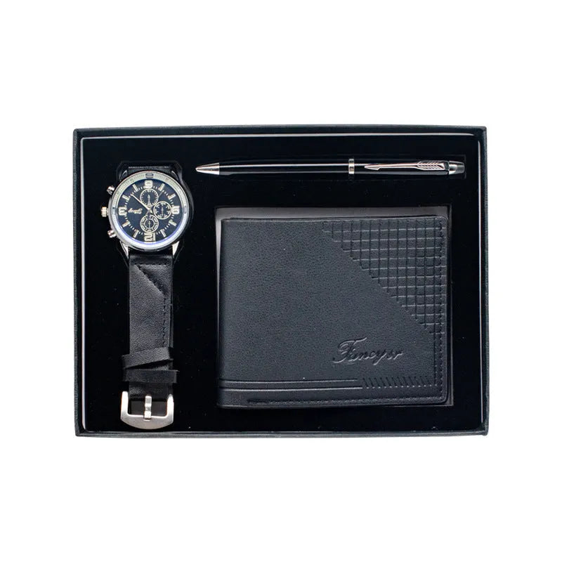 Modern business gift set containing a brown wallet, pen, and watch inside an elegant presentation box.