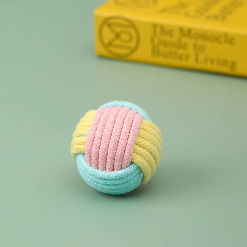 Handmade cotton cat hair ball plush toy in blue, green, and pink colour combinations, size 5 cm.