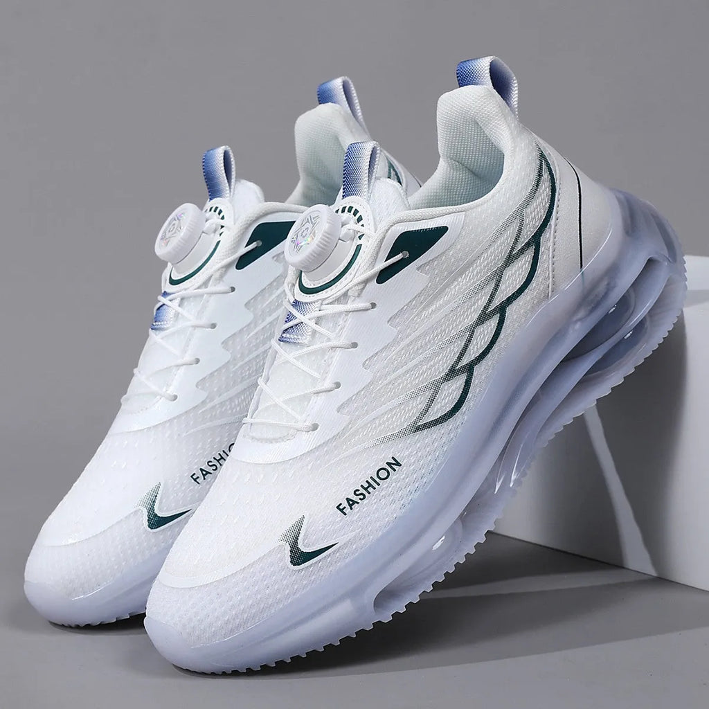 White Korean-style men's casual shoes with rotating button lacing and mesh upper.