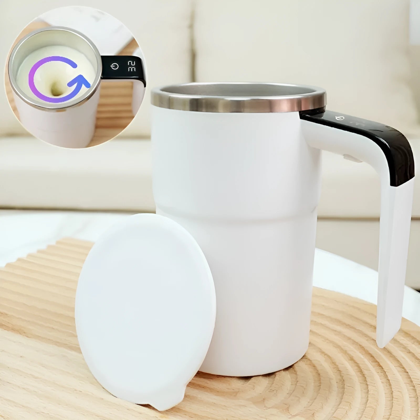 Black automatic stirring electric coffee mug with LCD temperature display and USB charging port