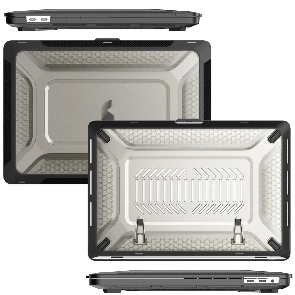 MacBook protective shell case shown in cold black, starry sky grey, elegant apricot, and sapphire blue colours.