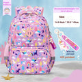 Children's Oxford cloth school backpack in a dinosaur pattern, showing curved straps and spine protection design.