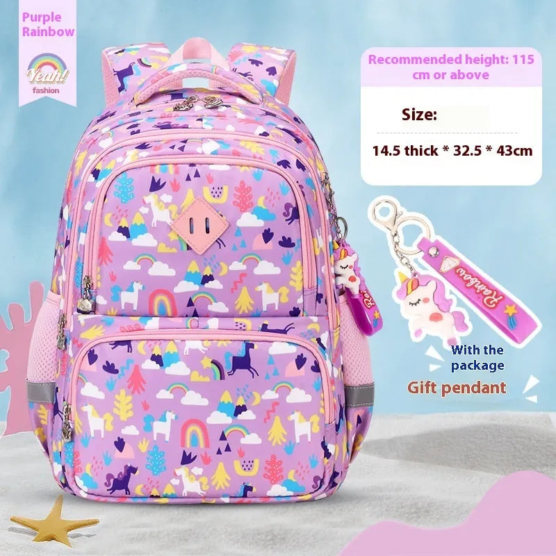 Children's Oxford cloth school backpack in a dinosaur pattern, showing curved straps and spine protection design.