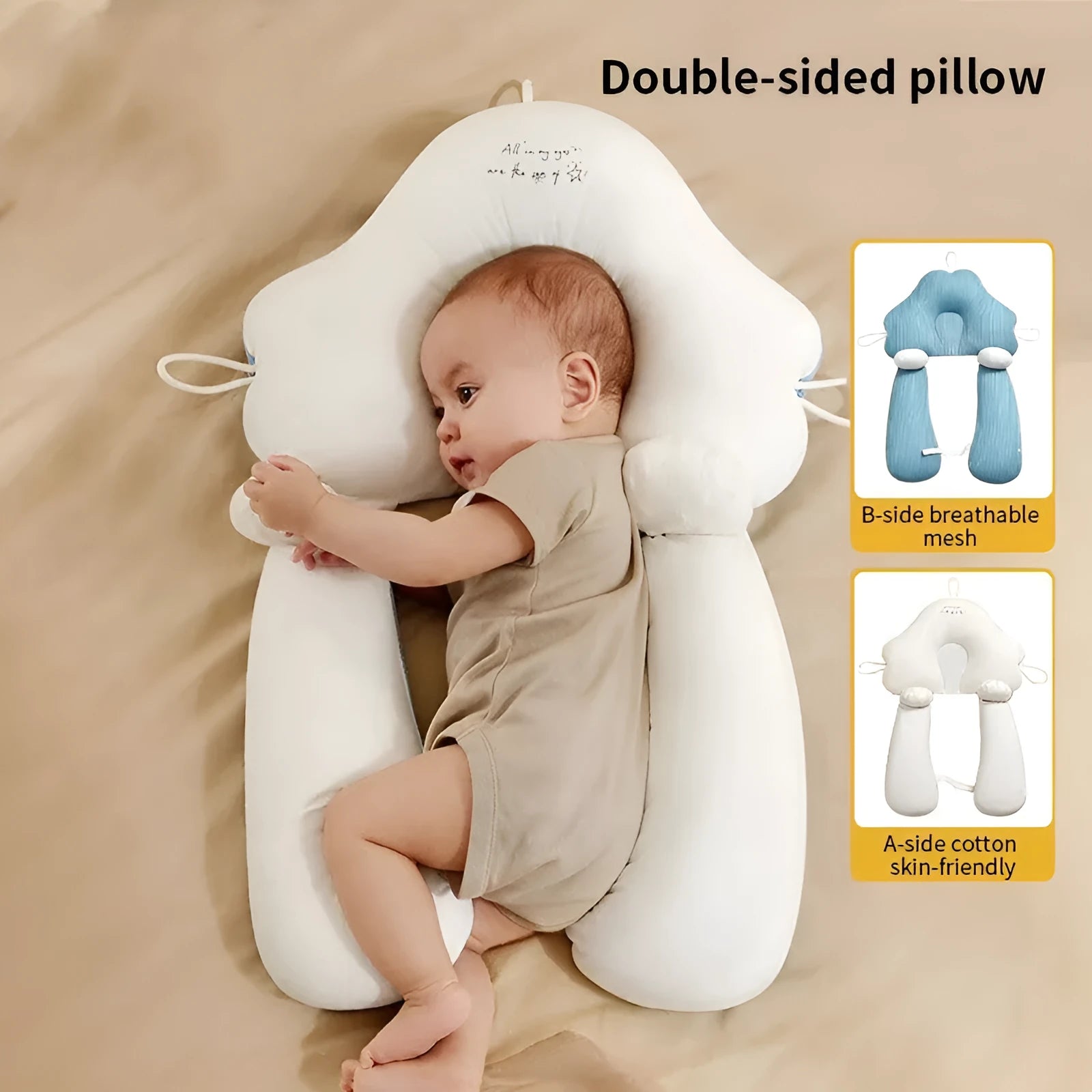 U-shaped baby head shaping pillow in pure cotton with detachable support column