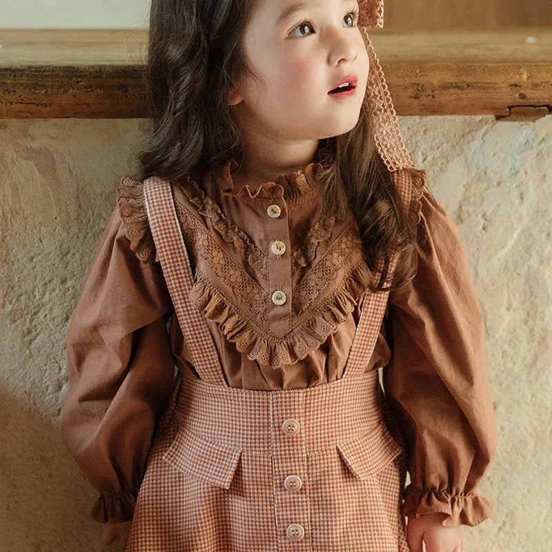 Girls' lace collar puff sleeve cotton shirt in solid beige colour for autumn
