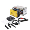 MMA-200MIN 220V DC inverter welding machine with face shield, tongs, clamp, and brush.