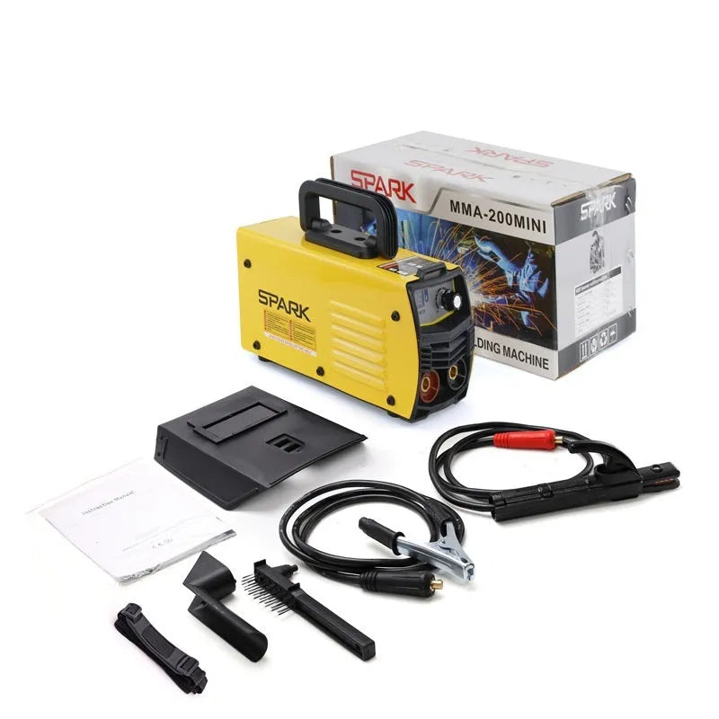 MMA-200MIN 220V DC inverter welding machine with face shield, tongs, clamp, and brush.