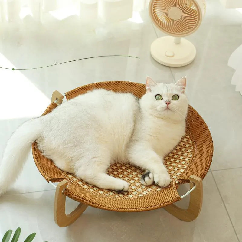 Natural brown woven rattan pet bed hammock measuring 46cm for cats and dogs
