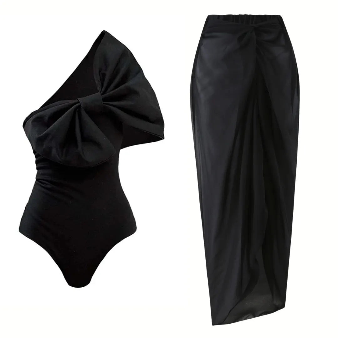 Black and white tube top bow one-piece swimsuit with high elasticity and quick-drying polyester lining