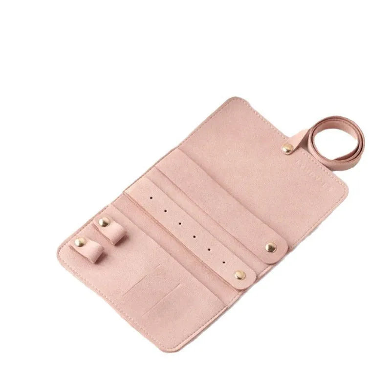 Brown PU leather jewellery storage bag with microfiber lining, measuring 12cm by 12cm.