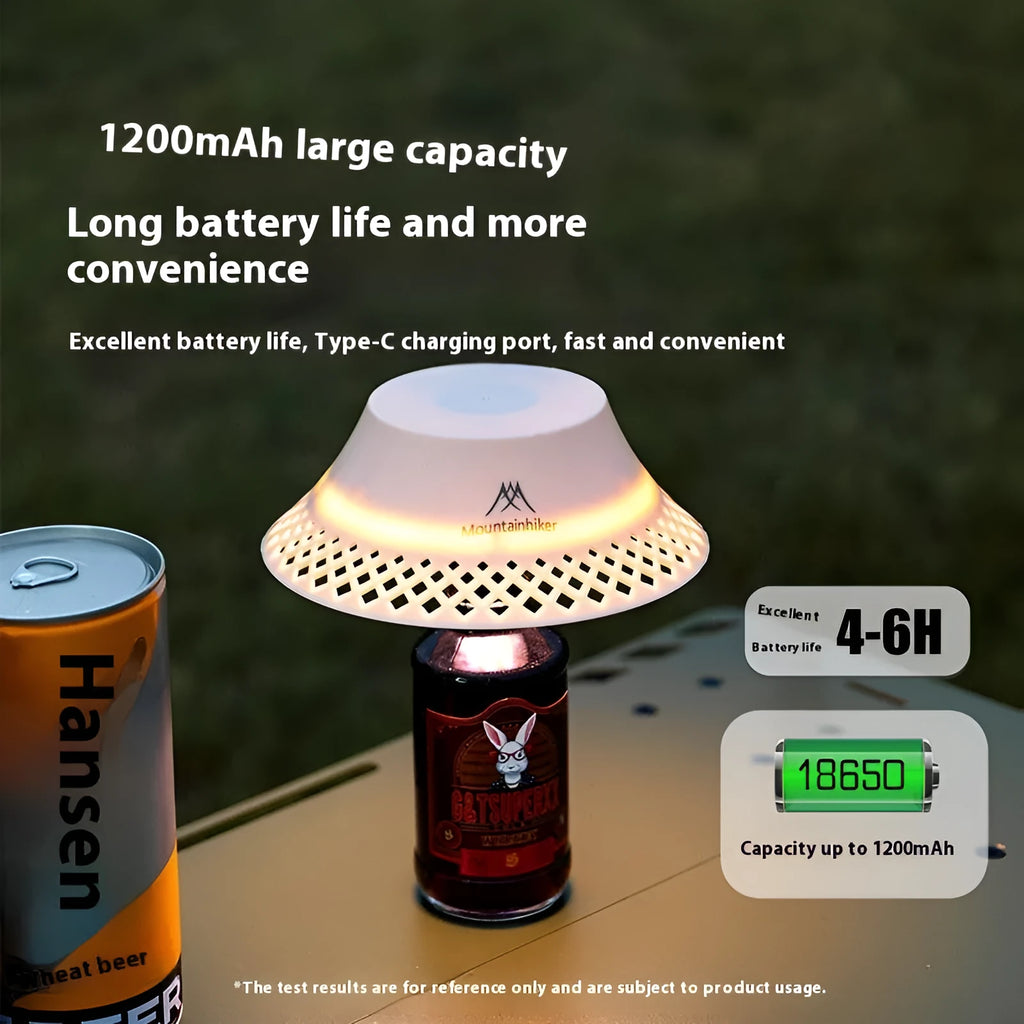 Beige and grey wine bottle shaped USB-C rechargeable camping lantern with three light modes.