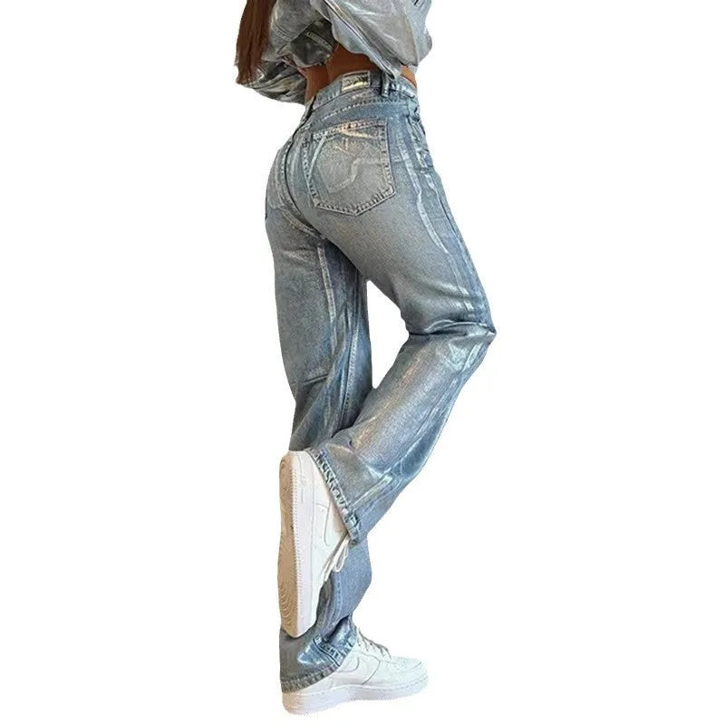 Washed blue women's high waist straight leg jeans with contrast silver street hipster detail
