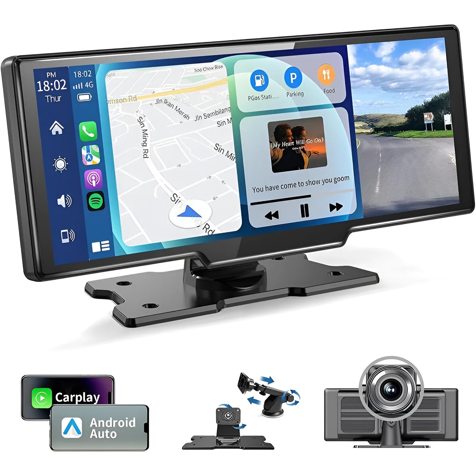 Black 10.26-inch car navigation device with touch screen showing split display of map and camera feed