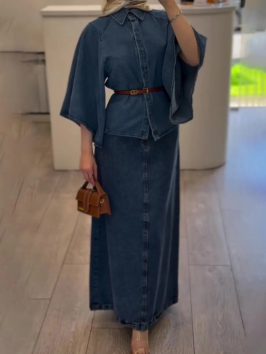 Denim cape style top and maxi skirt set in denim colour, regular fit two-piece outfit
