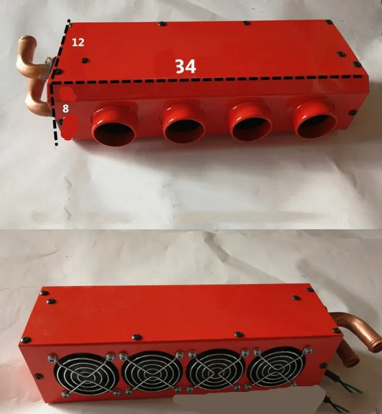 Small four-hole copper pipe car heater with metal housing and manual controls