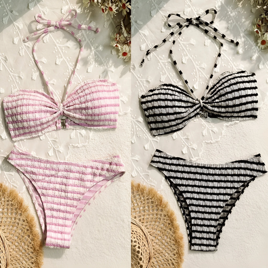 Women's striped bikini swimsuit in split briefs style