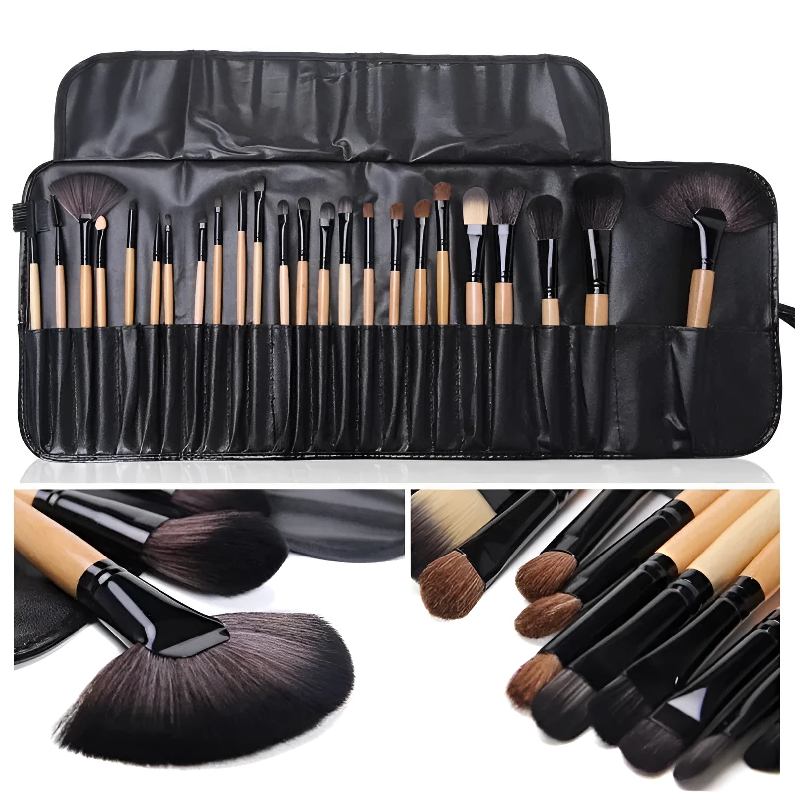 24-piece professional makeup brush set with wooden handles in a PU gift bag case