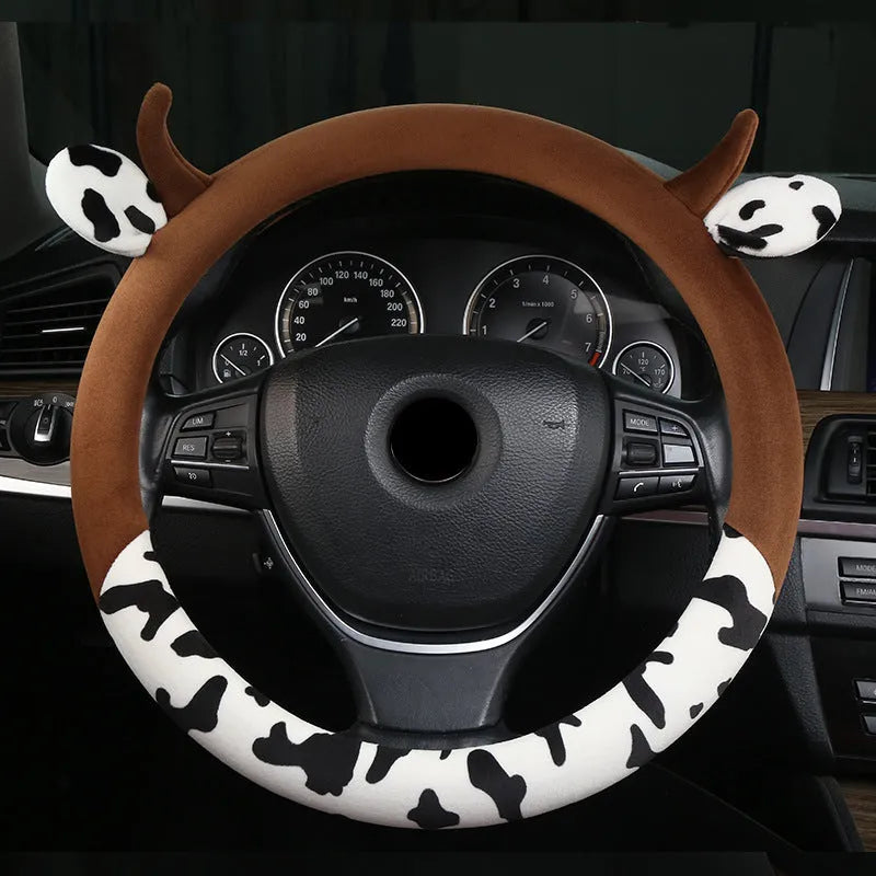 Plush car steering wheel cover in black or coffee colour with protective handle design