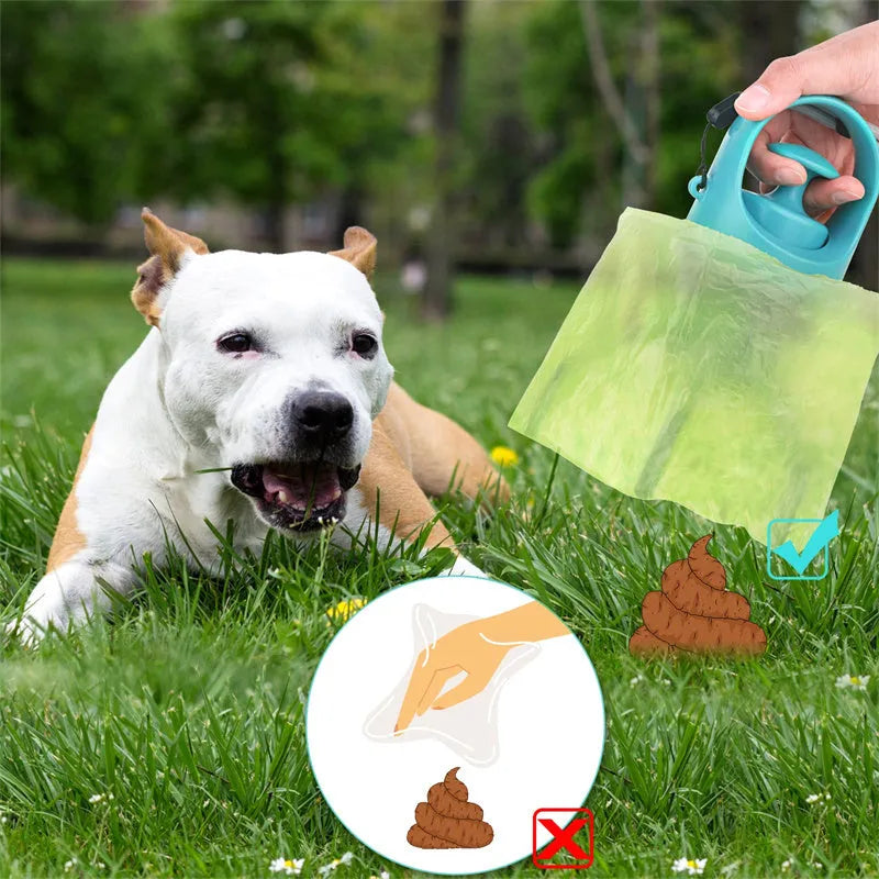Blue portable dog pooper scooper with claw mechanism and built-in bag dispenser