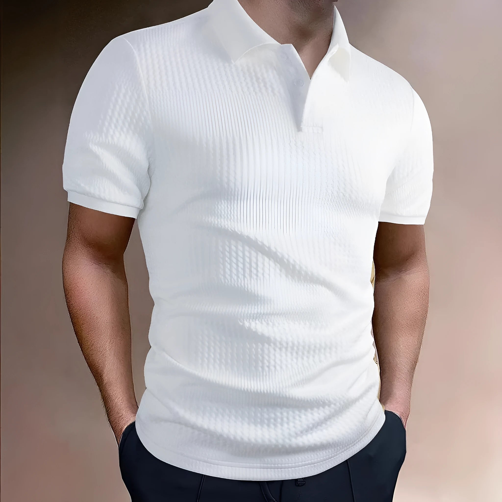 Striped men's polo shirt in loose fit design with short sleeves, shown in multiple colour options