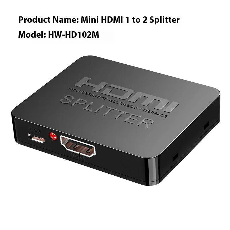 4K HDMI splitter distributing one input to two outputs with USB charger lead