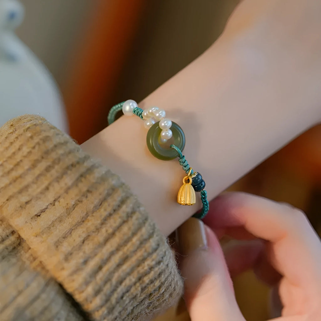 Hand-woven flexible wire watch bracelet with pearl peace buckle closure in retro style