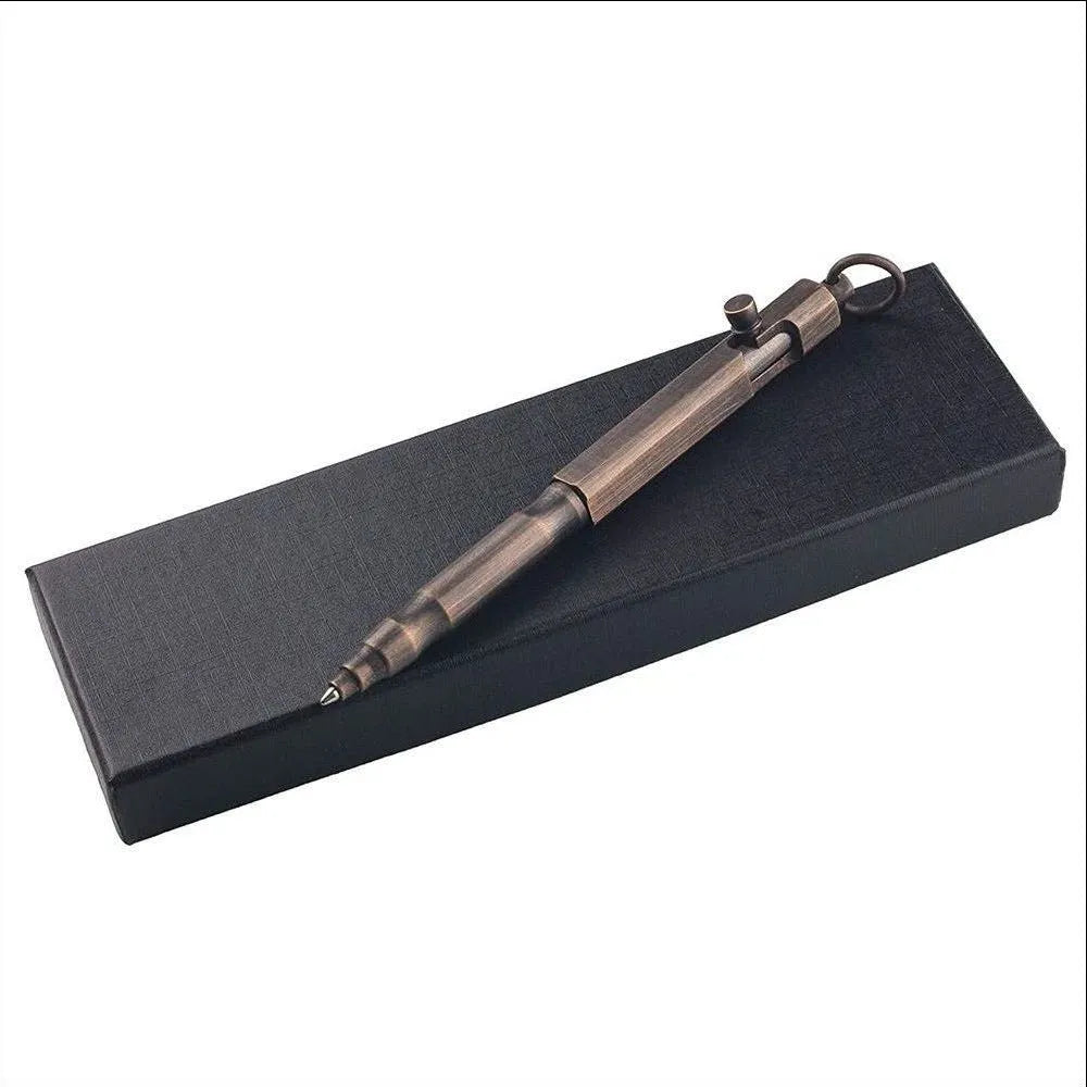 Brass tactical pen with hexagonal bolt pattern showing natural colour finish and precise machining details