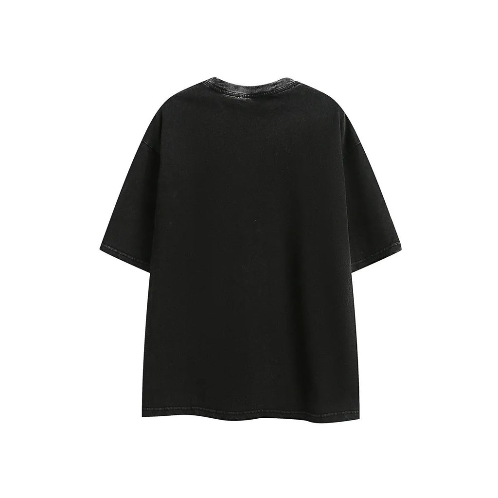 Black and purple loose-fit embroidered retro short-sleeved cotton t-shirt on a hanger