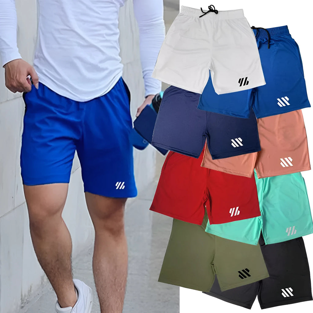 Metal silk fabric loose-fitting sports shorts in multiple colours on a size chart.