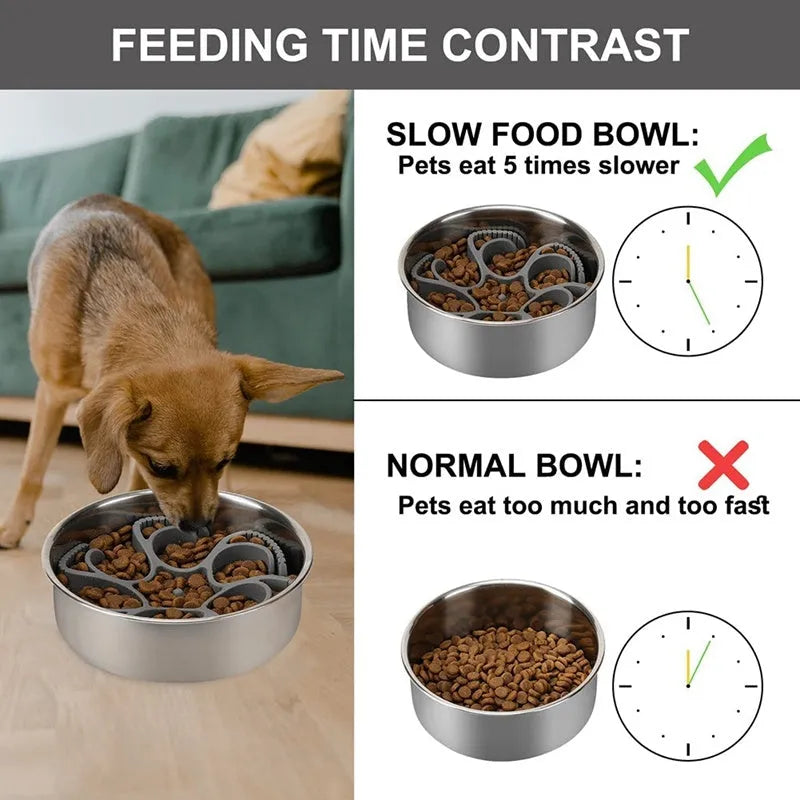 Red silicone dog slow feeder insert with spiral design and suction cups on base.