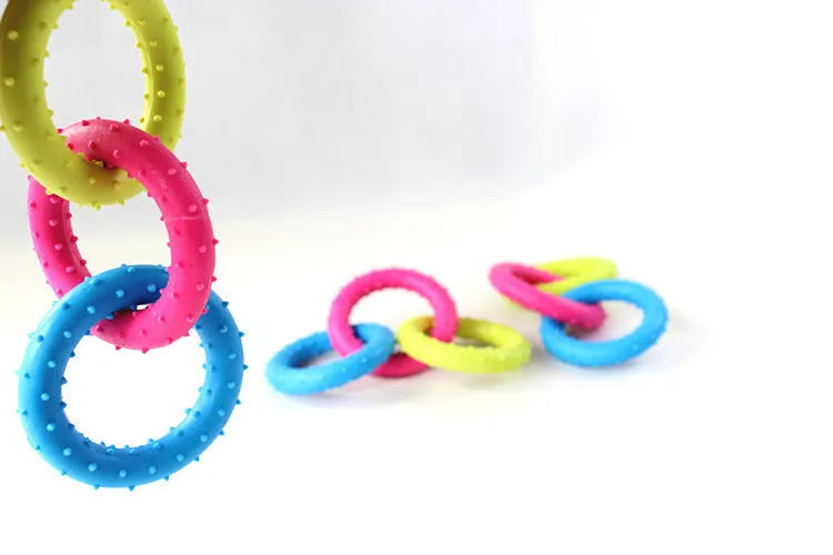 TPR rubber dog chew toy with three connected chain links for molar chewing