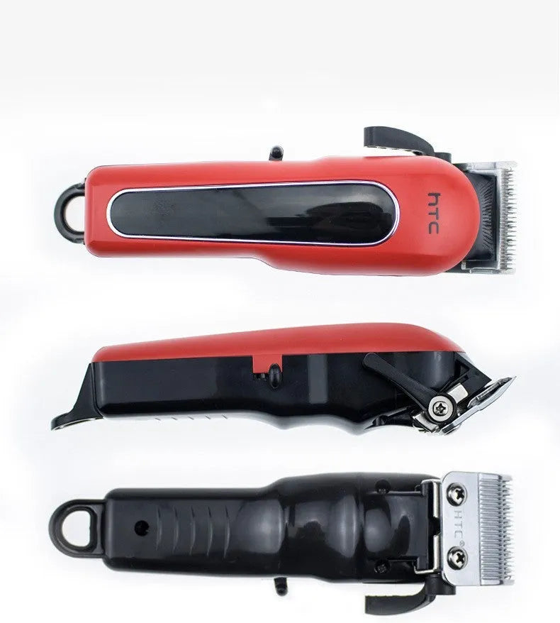 Professional digital electric hair clipper with limiting combs, available in black, red, and white colours.