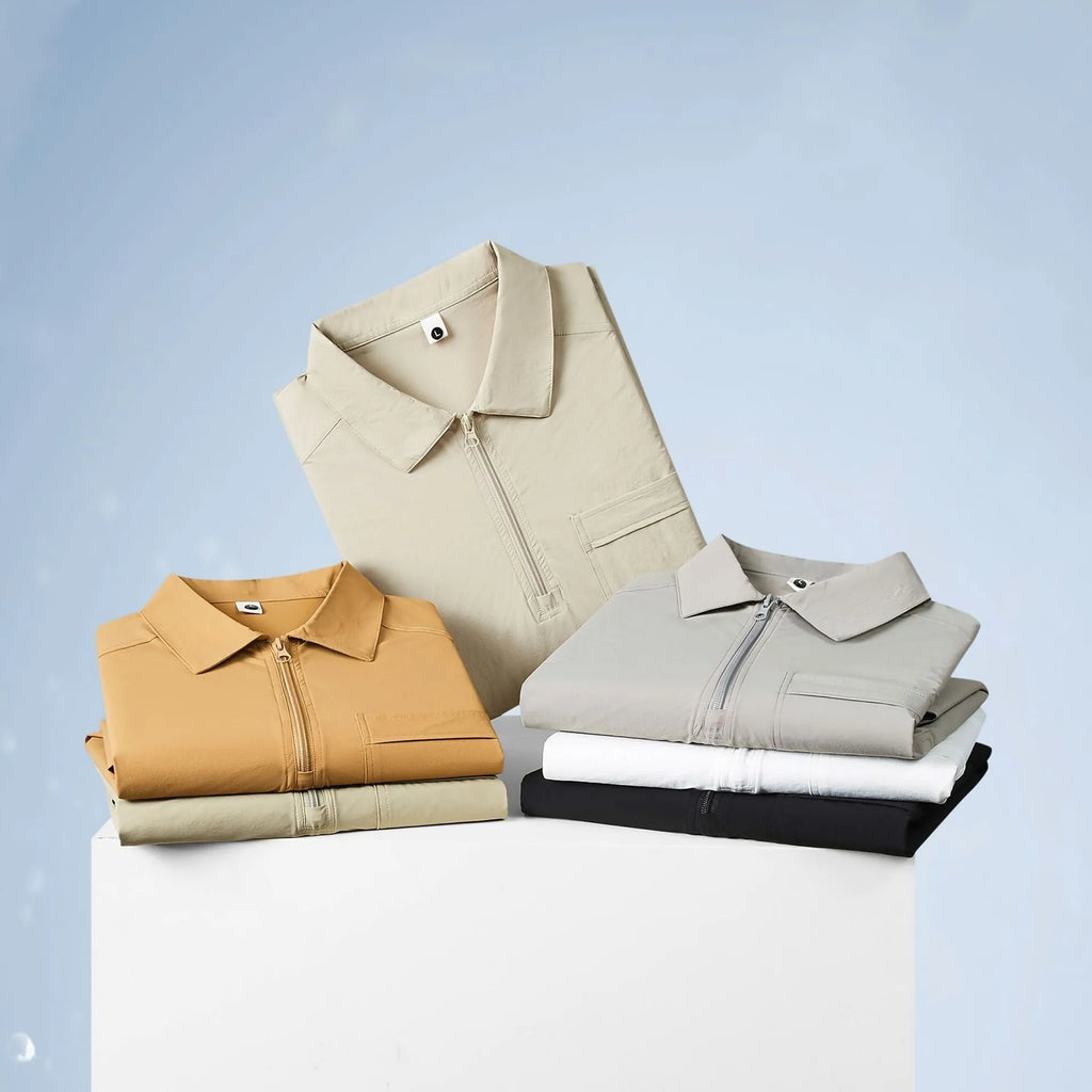 Short sleeve grey nylon advertising shirt with zipper pockets on the lapels